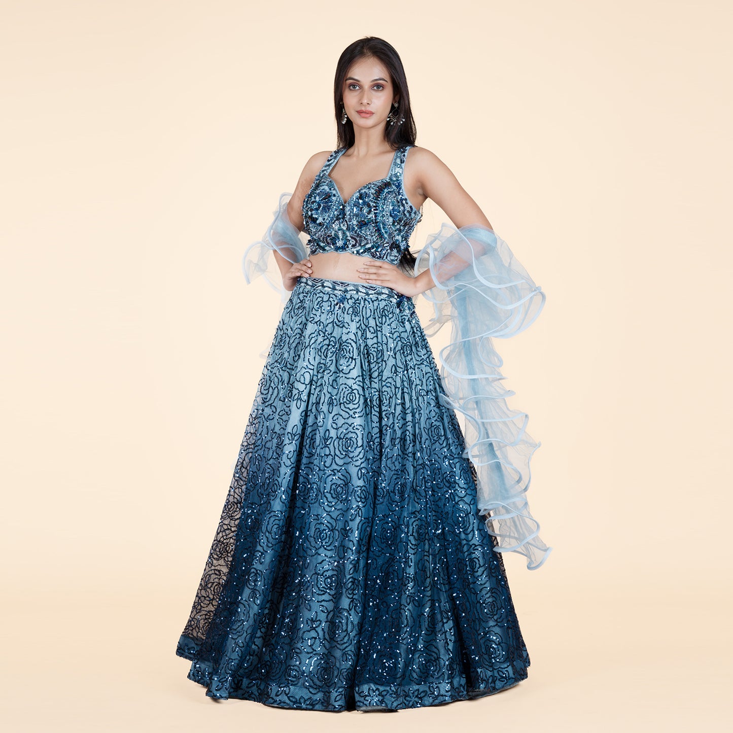 Prussian Blue Sequined Ghagra Set