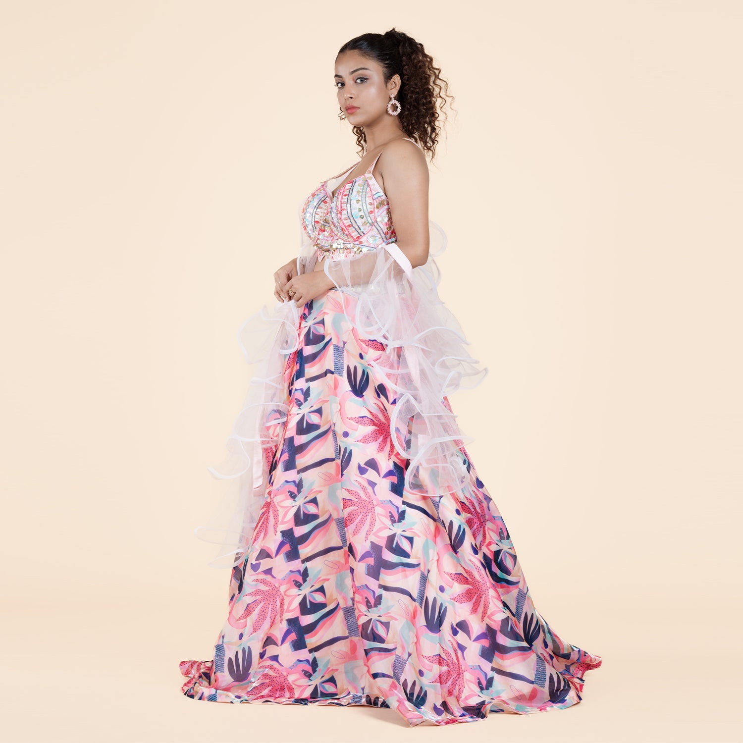 Pink Floral Skirt Set with Ruffled Dupatta