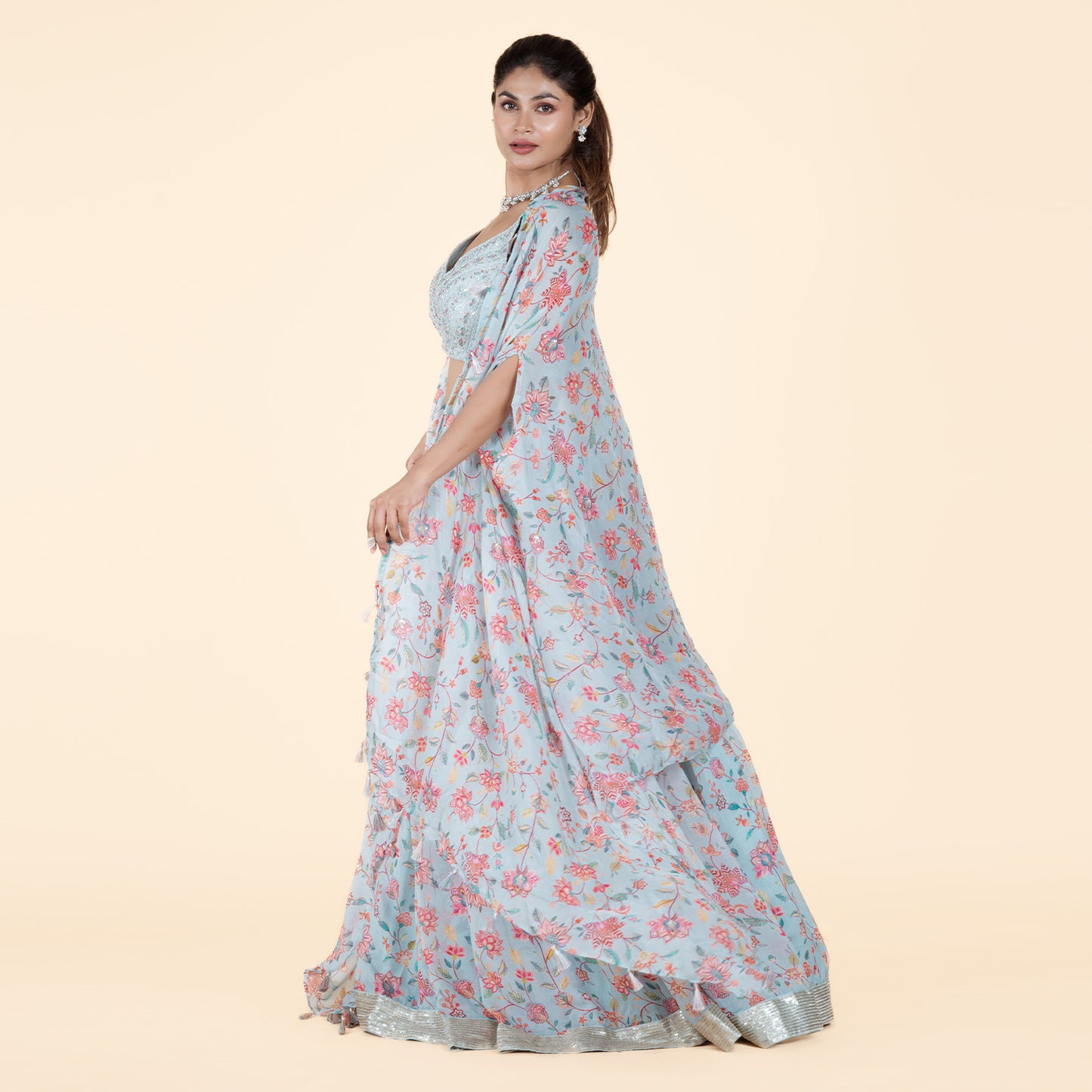 Turquoise Floral Cape Ghagra Set