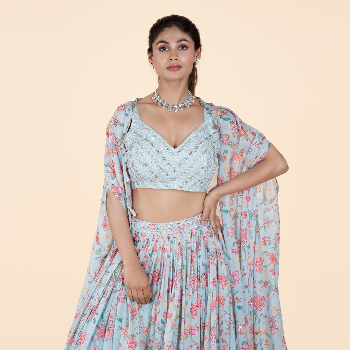 Turquoise Floral Cape Ghagra Set