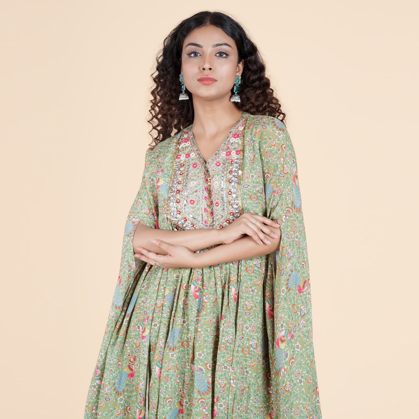 Verdant Bloom Asymmetric Cape & Sharara Ensemble