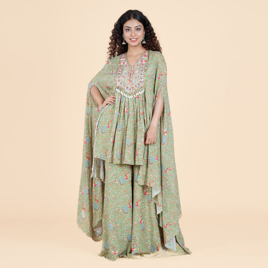 Verdant Bloom Asymmetric Cape & Sharara Ensemble