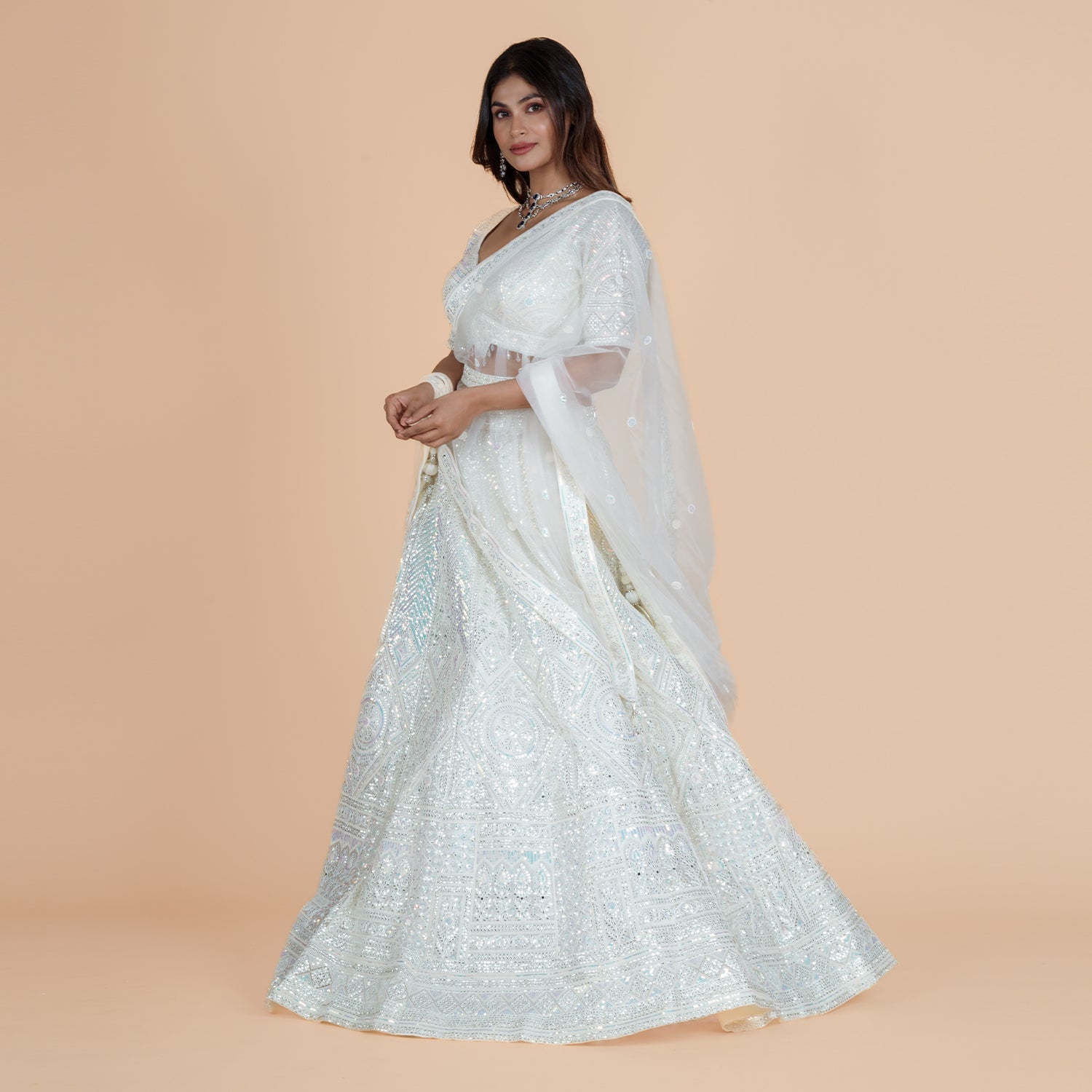 Heavy Net Ghagra with Mirror Work