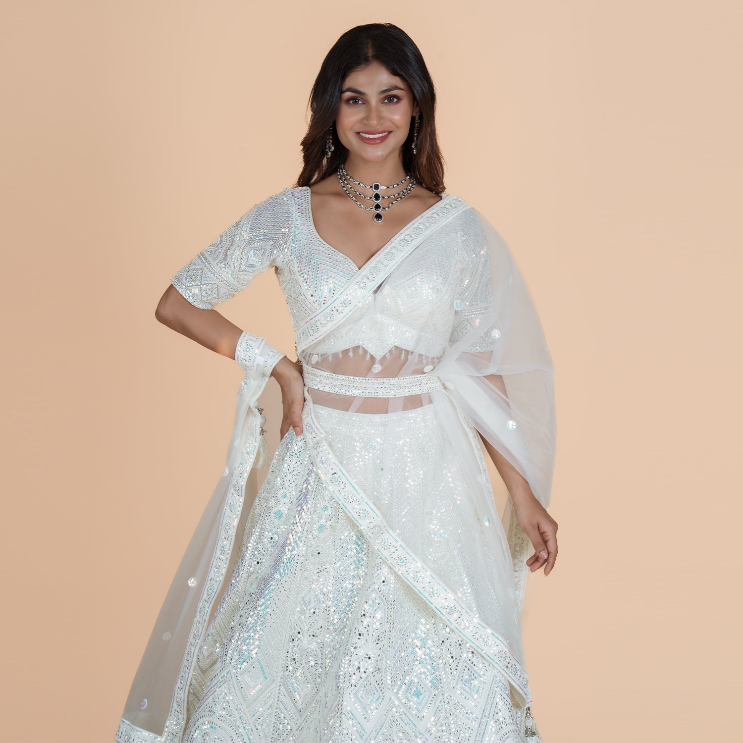 Heavy Net Ghagra with Mirror Work