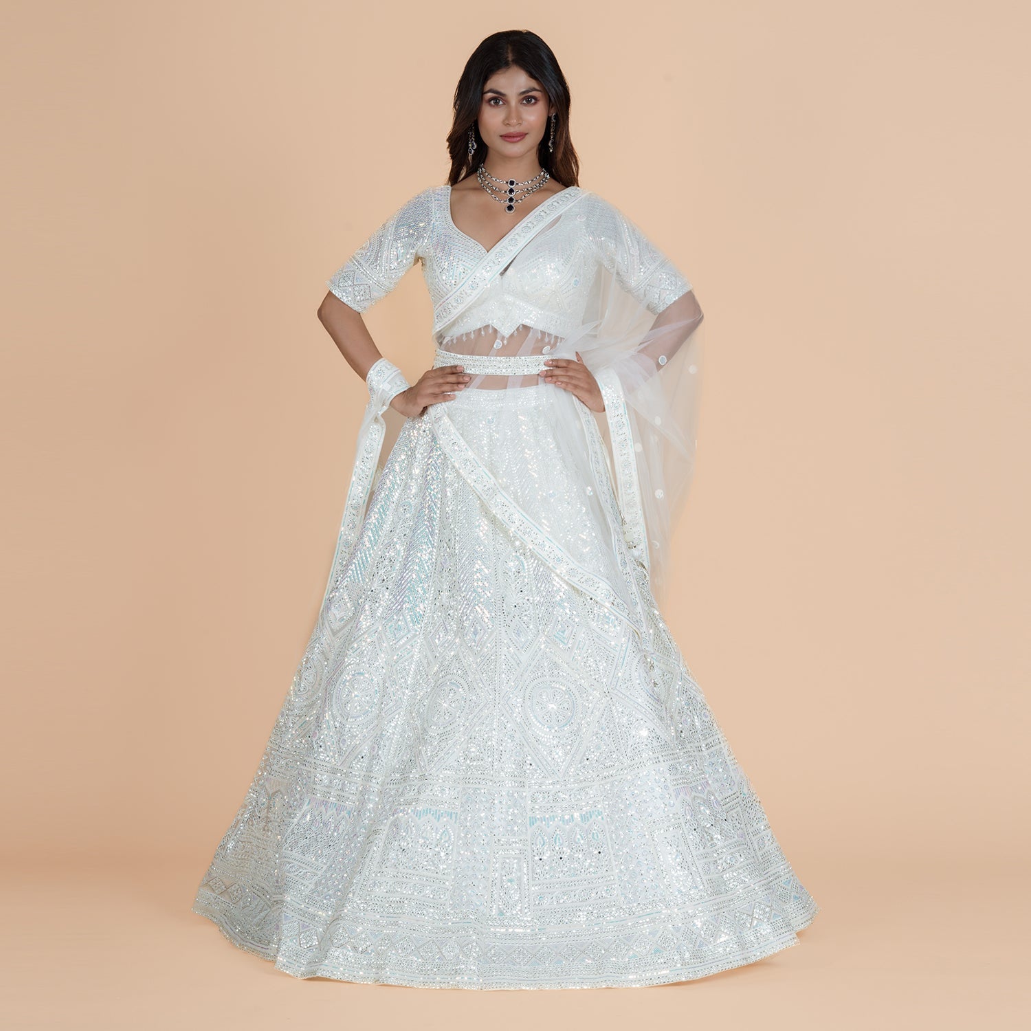 Heavy Net Ghagra with Mirror Work