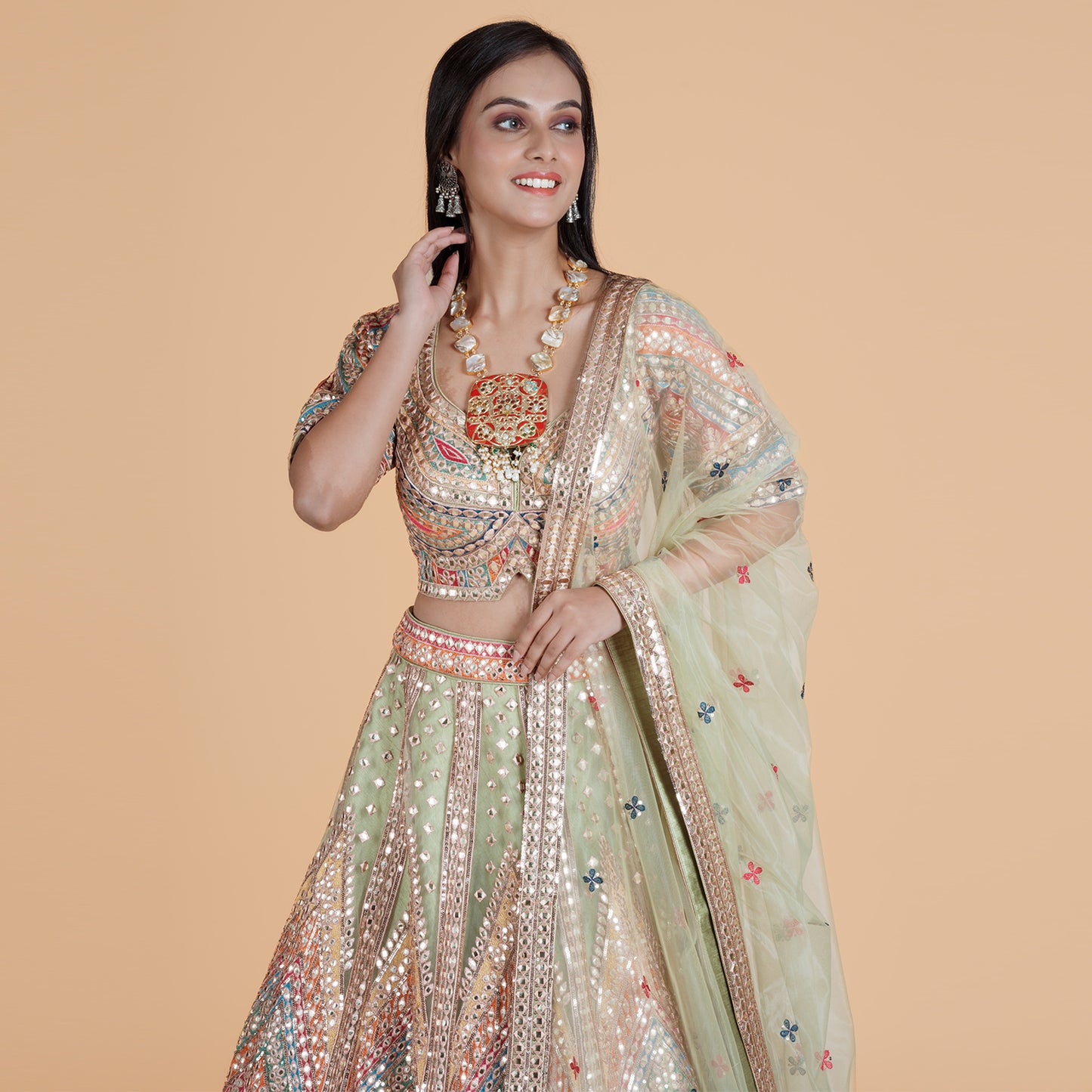 Multicolor Mirror Net Ghagra Set