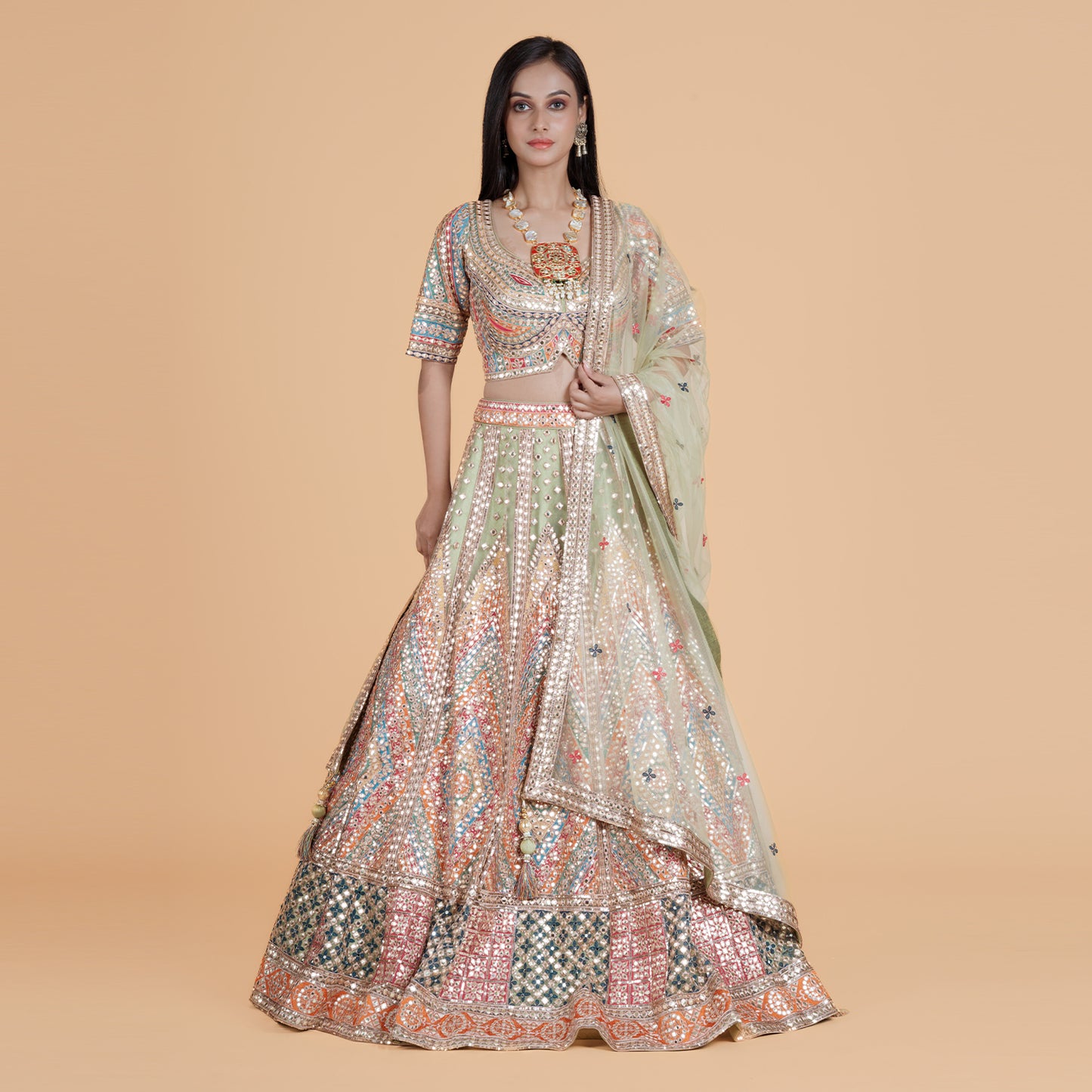 Multicolor Mirror Net Ghagra Set