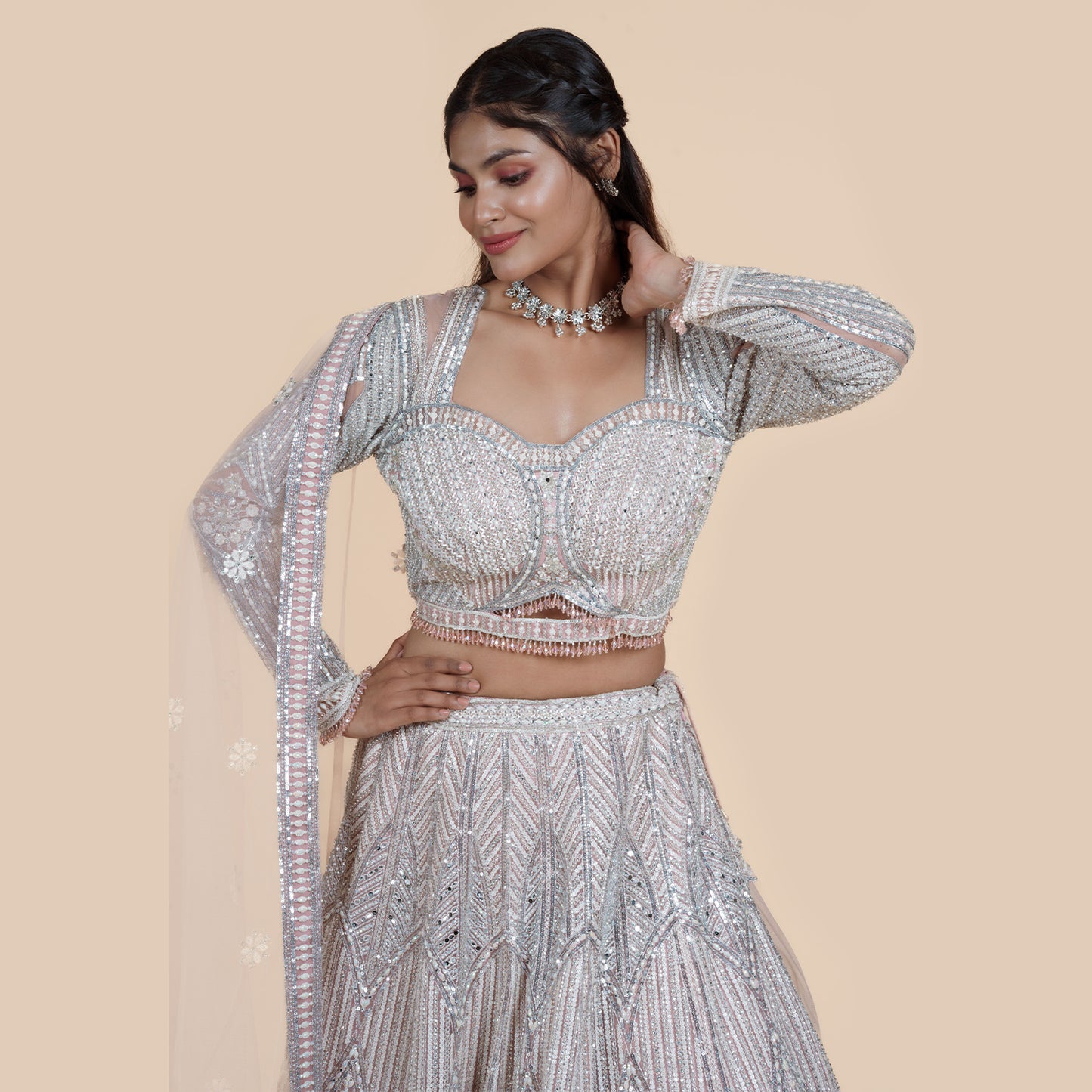 Mauve Net Embroidery Lehenga