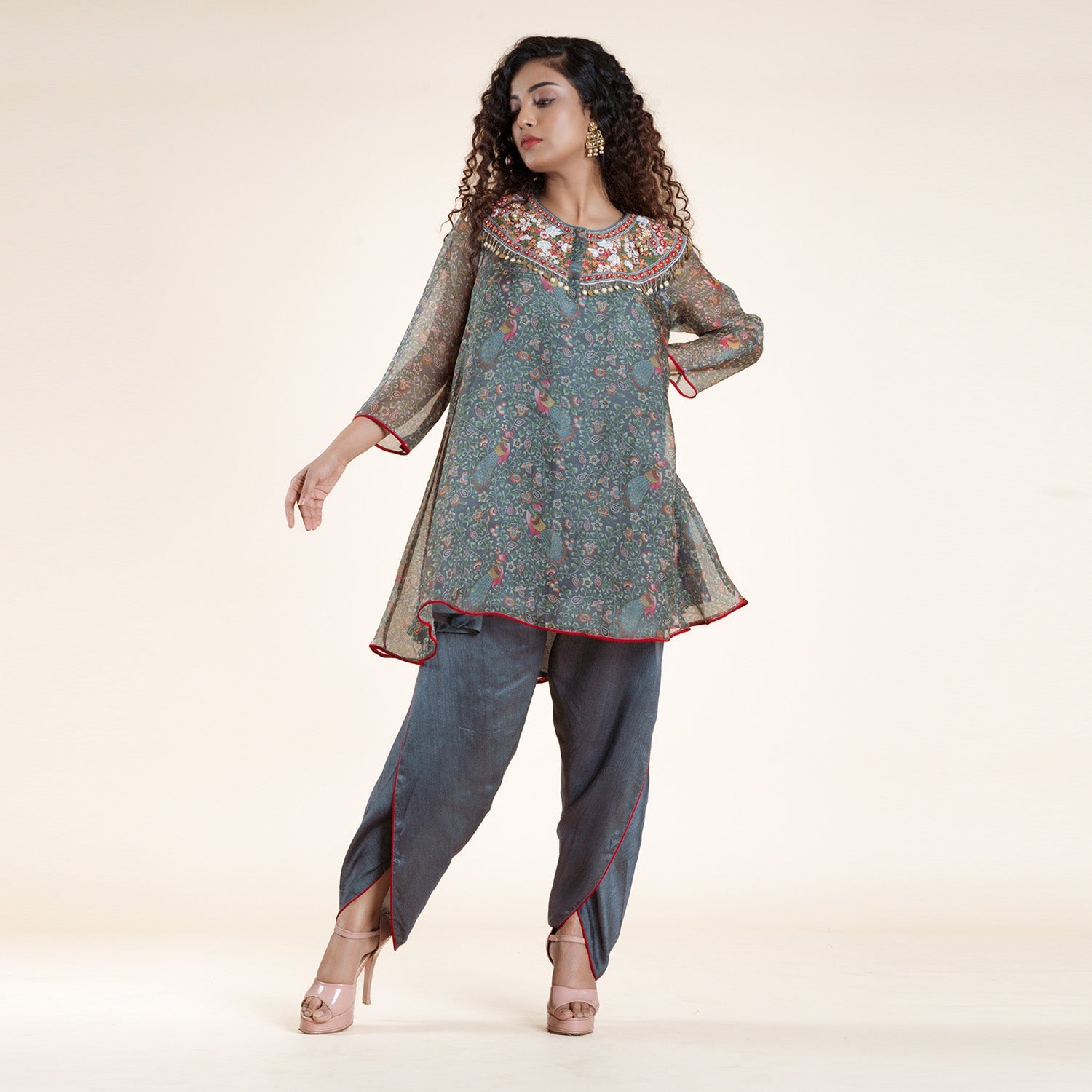 Verdant Bloom Asymmetric Cape & Sharara Ensemble