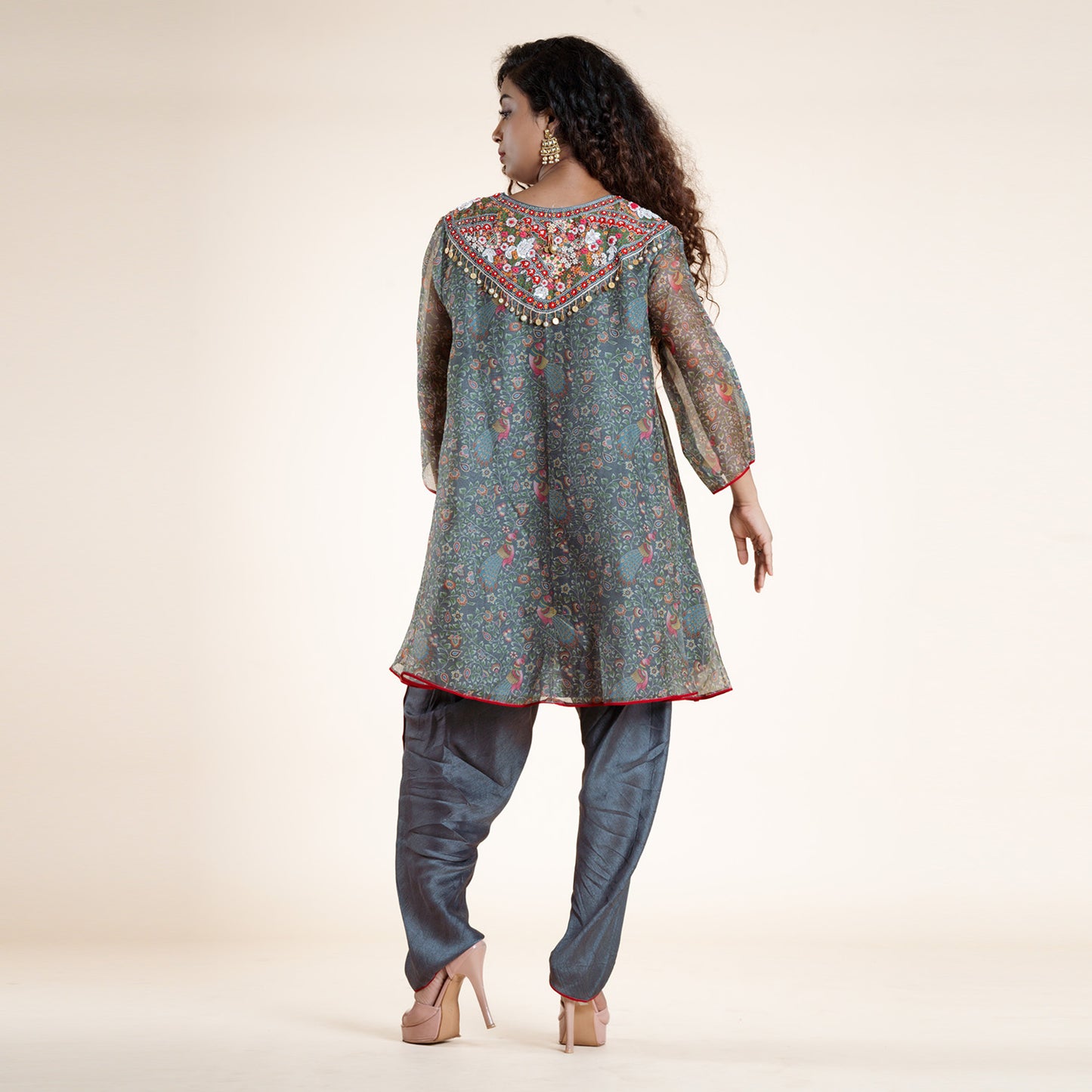 Verdant Bloom Asymmetric Cape & Sharara Ensemble