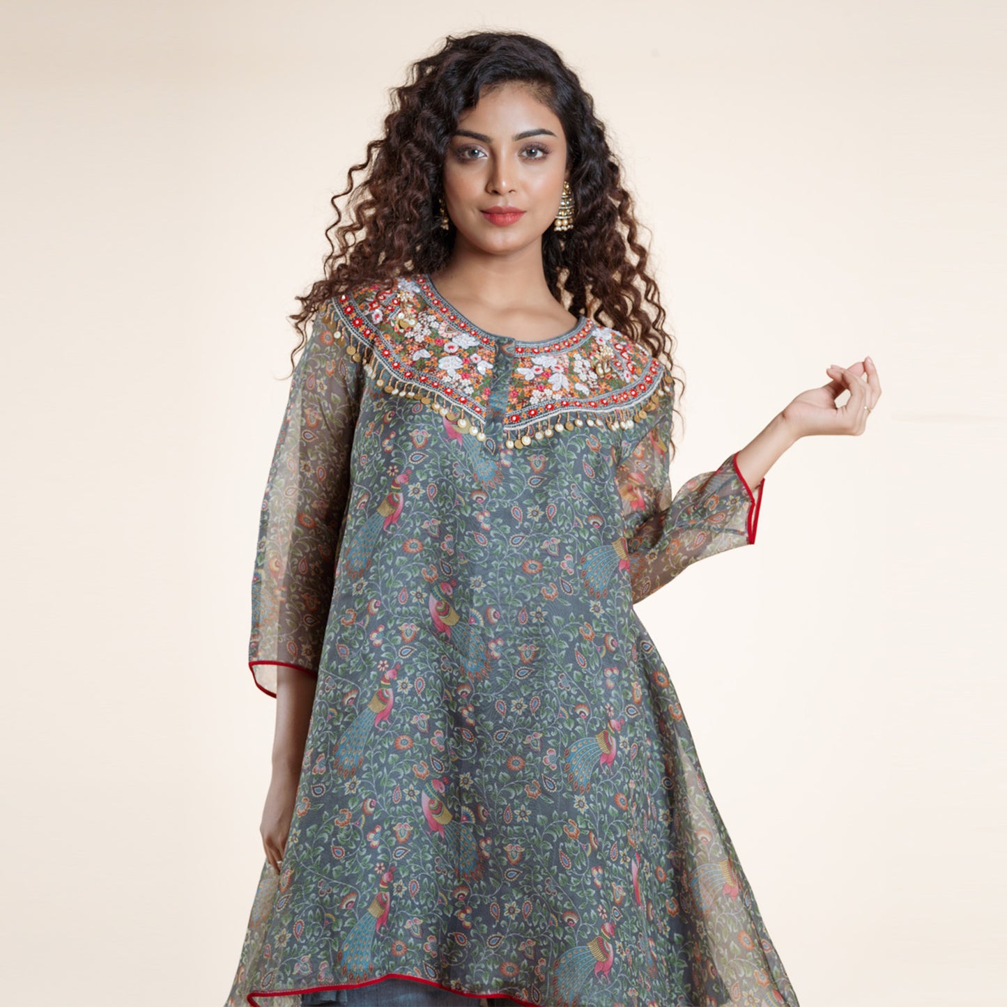 Verdant Bloom Asymmetric Cape & Sharara Ensemble