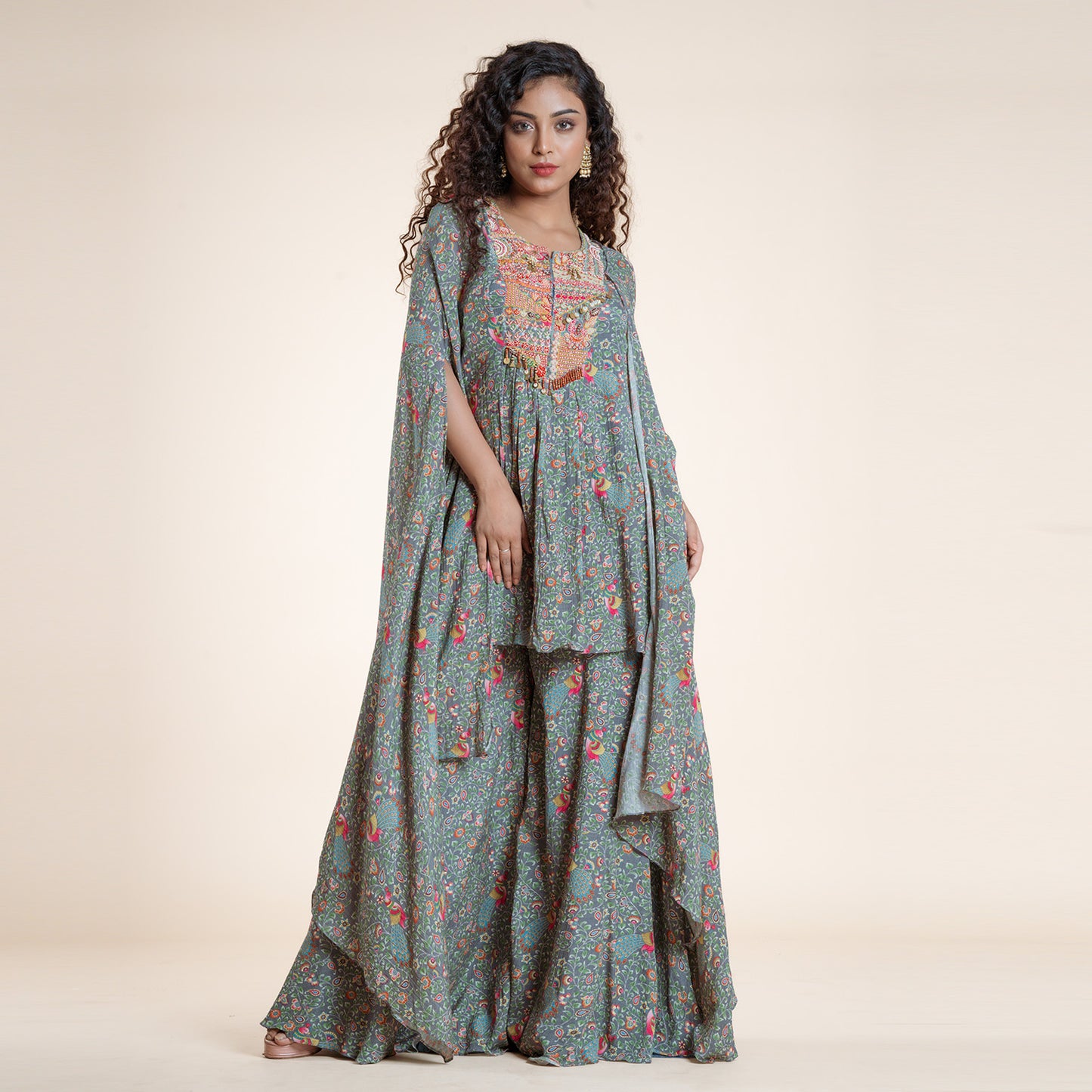 Verdant Bloom Asymmetric Cape & Sharara Ensemble