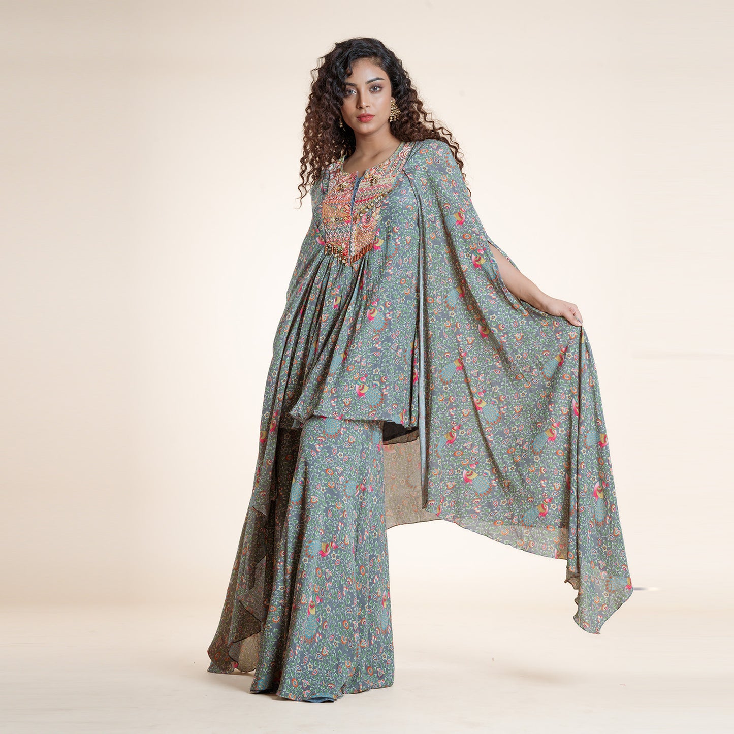 Verdant Bloom Asymmetric Cape & Sharara Ensemble