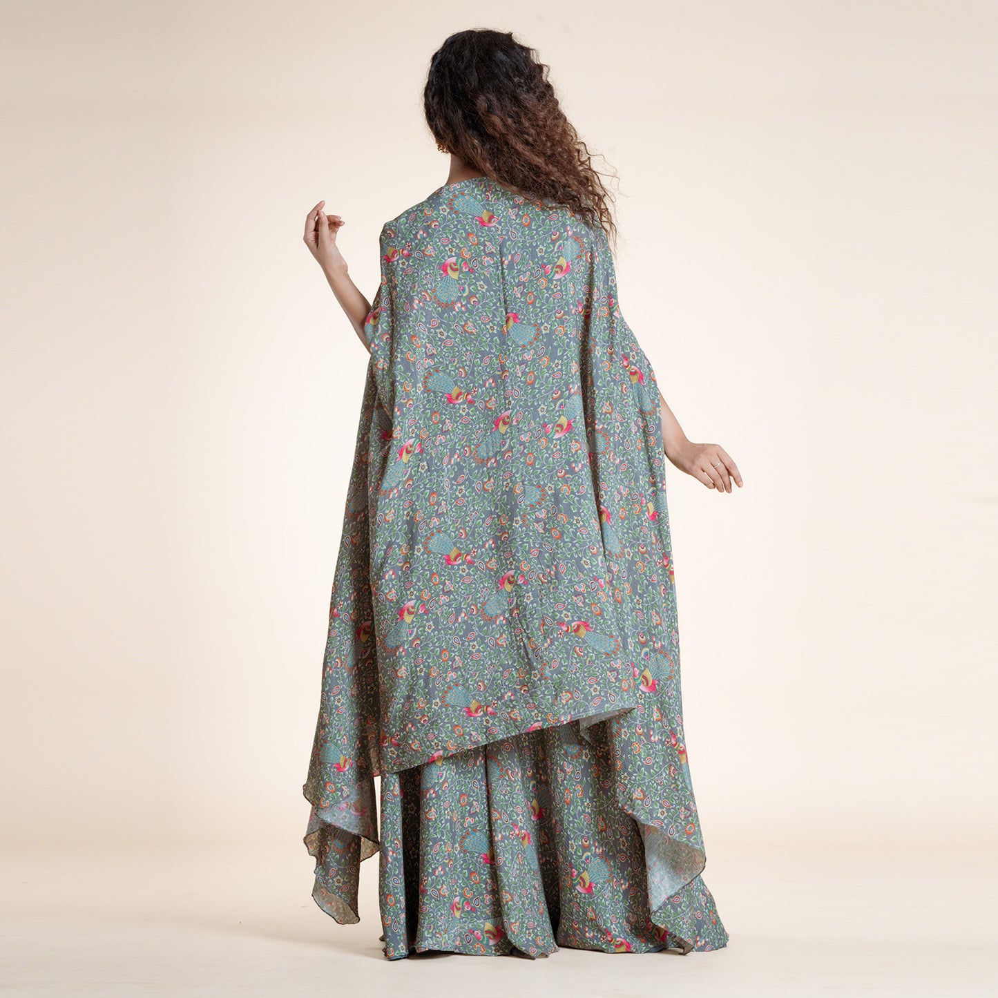 Verdant Bloom Asymmetric Cape & Sharara Ensemble