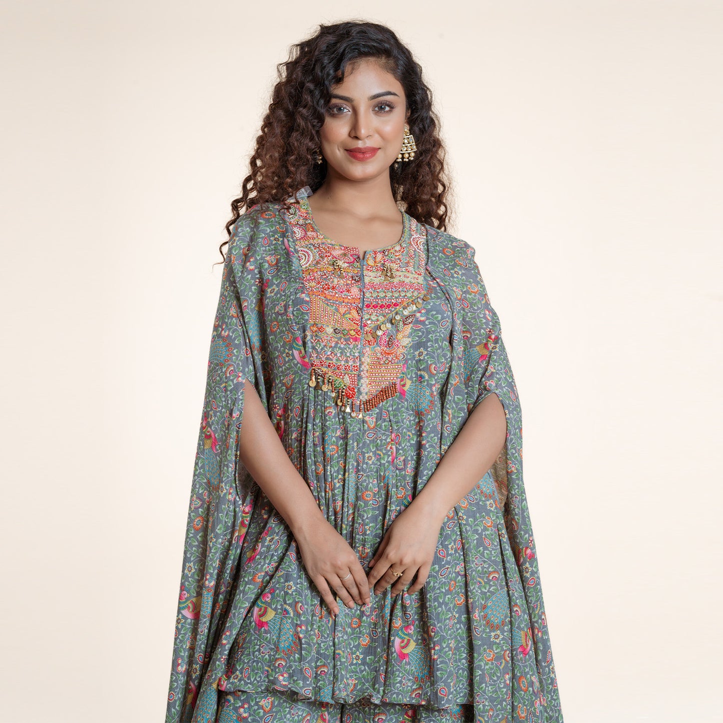 Verdant Bloom Asymmetric Cape & Sharara Ensemble