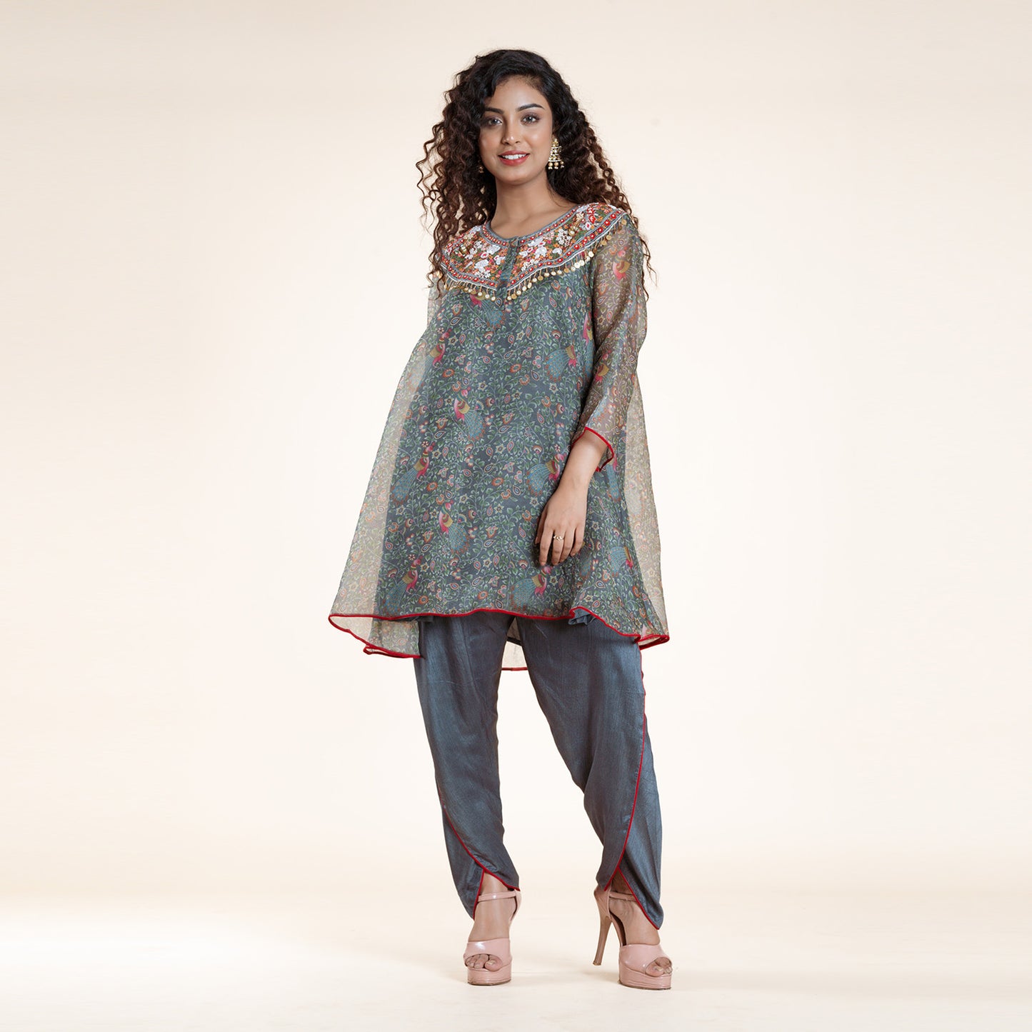 Verdant Bloom Asymmetric Cape & Sharara Ensemble