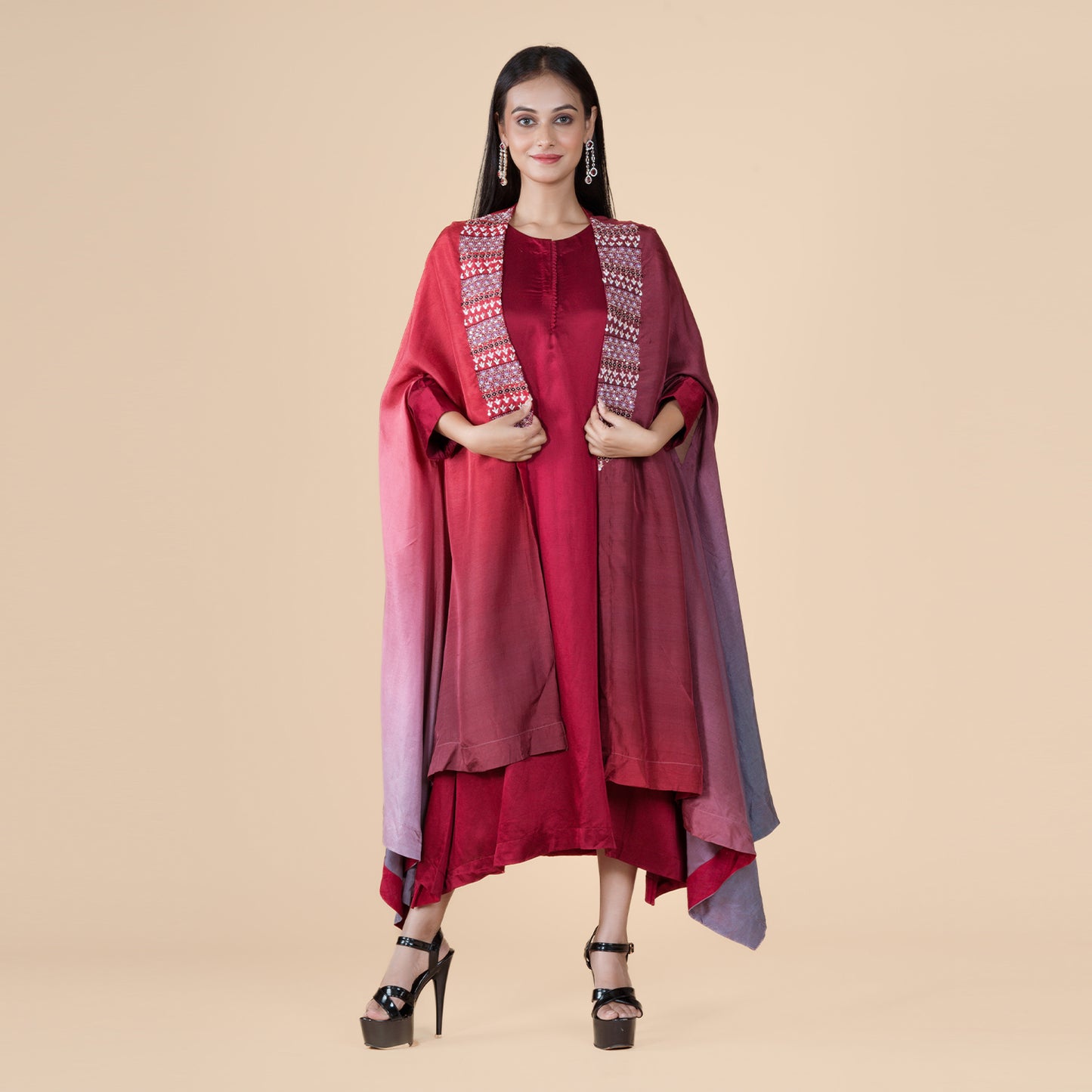 Ombre Elegance Satin Silk Dress with Thread Handwork Shrug