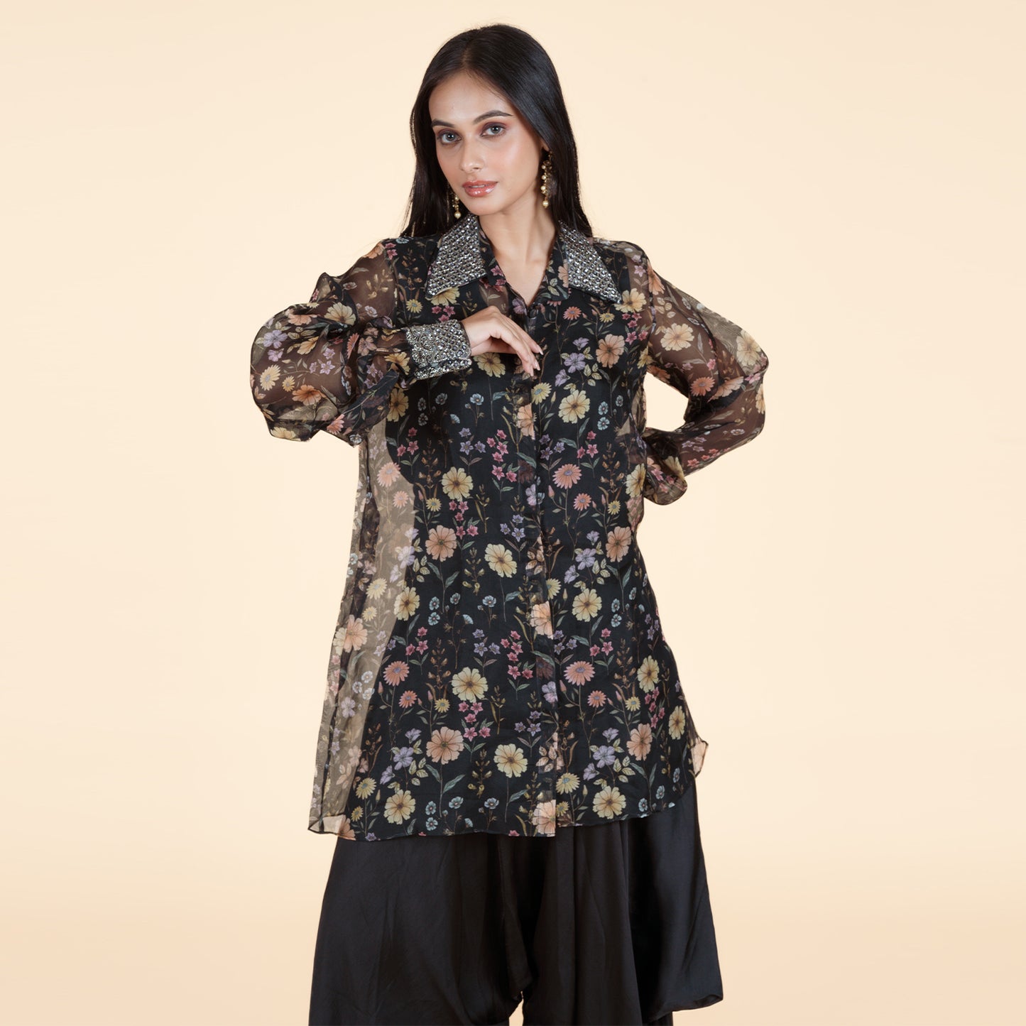 Floral Radiance Satin Silk Dhoti Pant Set with Cutdana Jacket