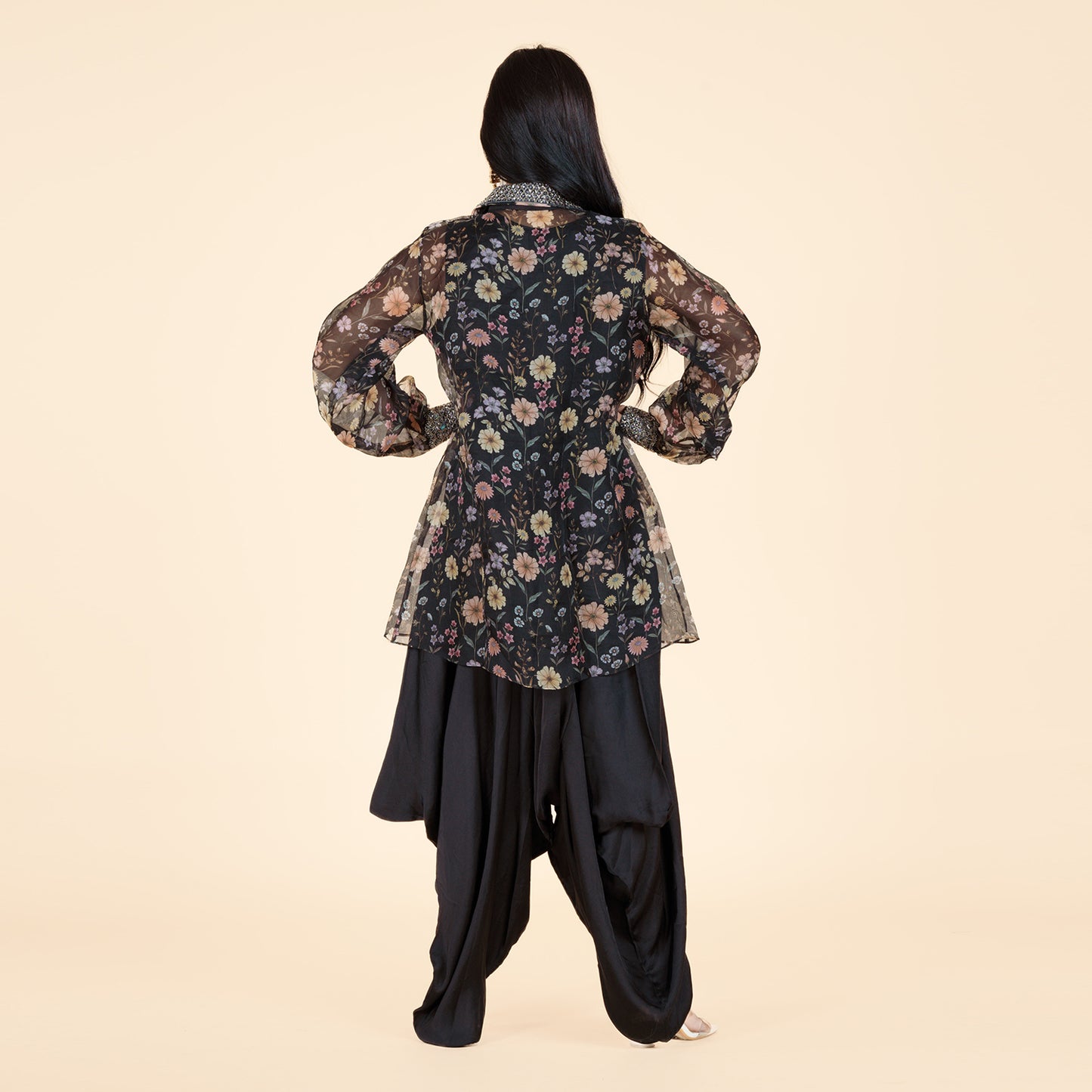 Floral Radiance Satin Silk Dhoti Pant Set with Cutdana Jacket