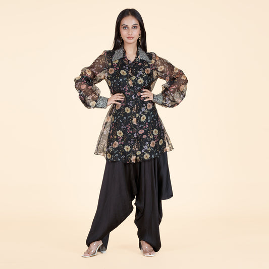 Floral Radiance Satin Silk Dhoti Pant Set with Cutdana Jacket