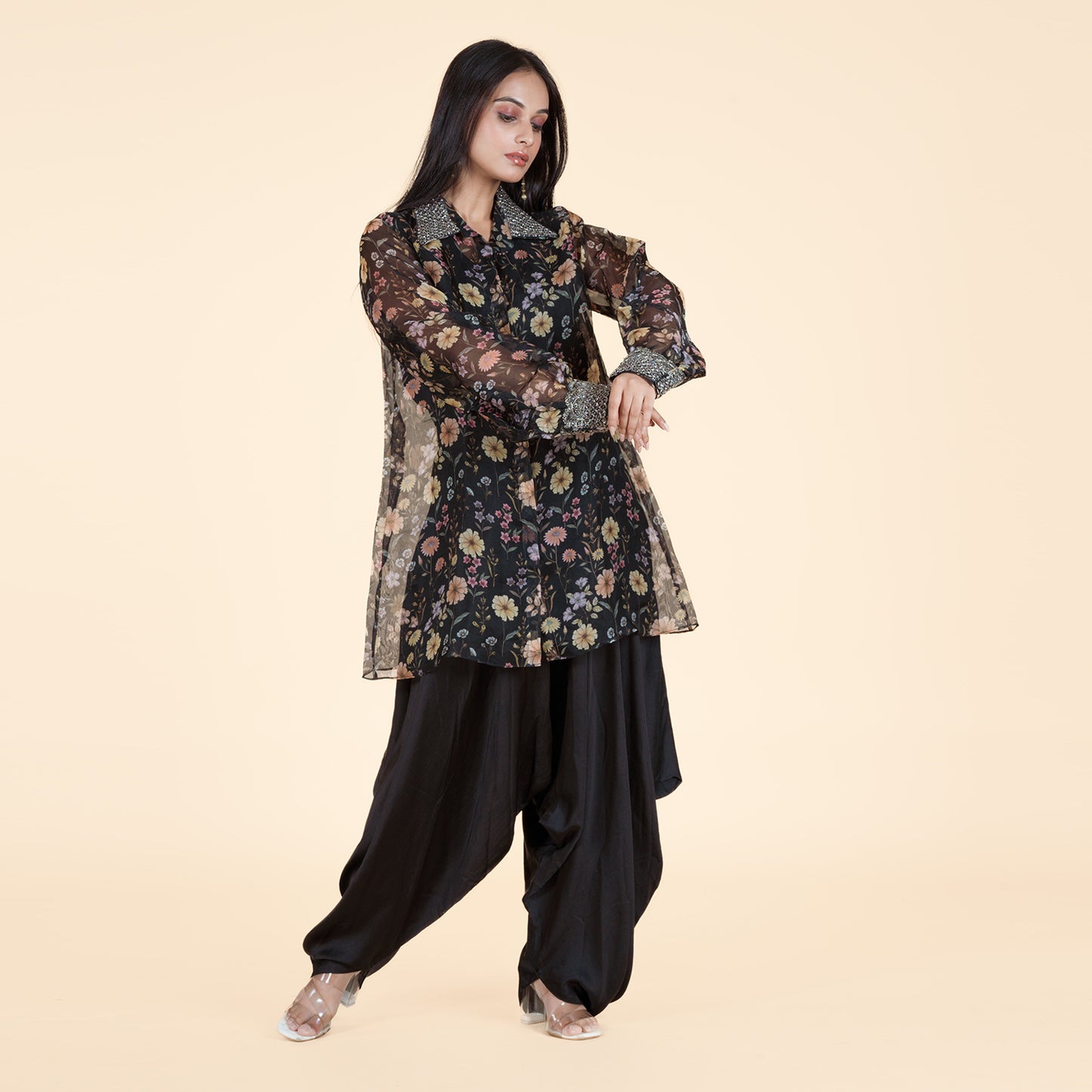 Floral Radiance Satin Silk Dhoti Pant Set with Cutdana Jacket