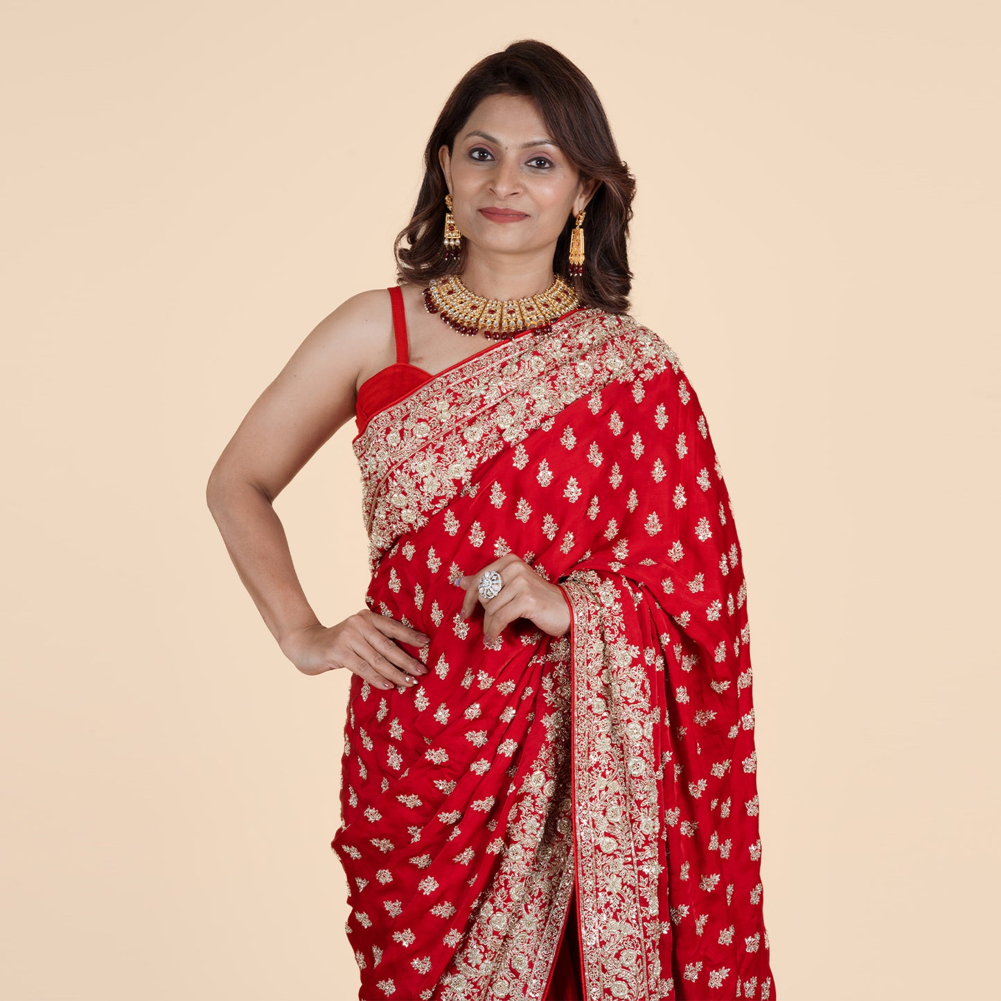 Red Saree with Heavy Handwork