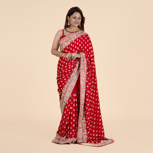 Red Saree with Heavy Handwork